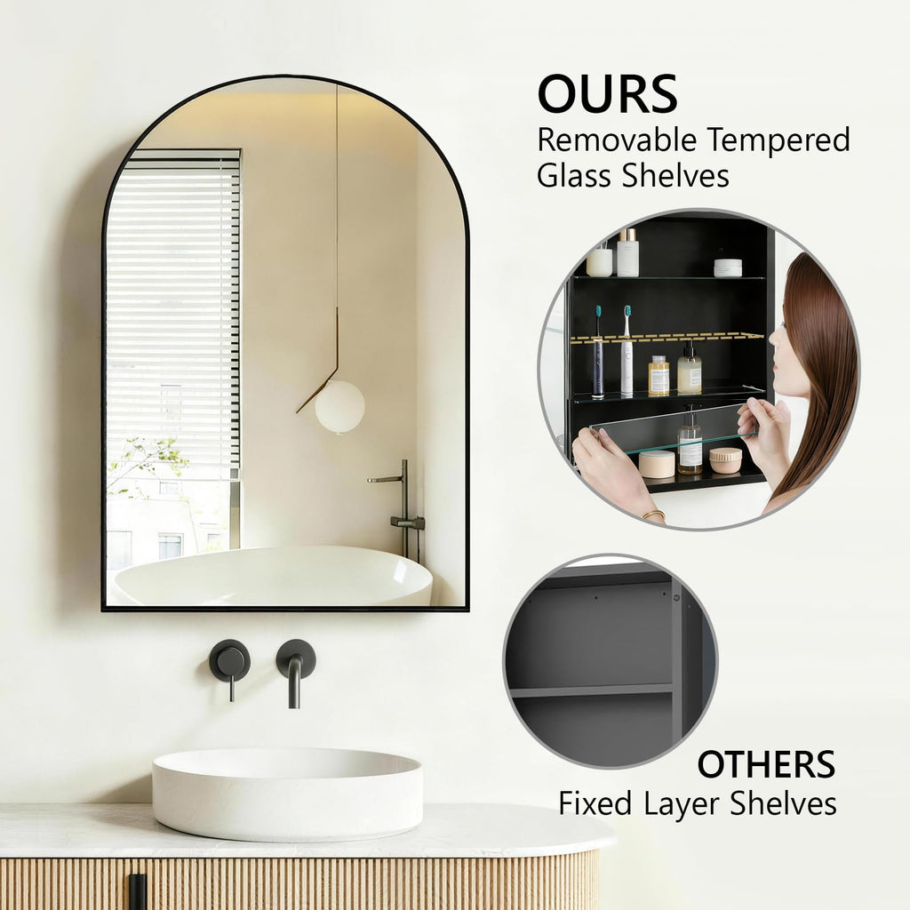 Black Arched Medicine Cabinets with 20"x30" Mirror, Bathroom Mirror Cabinet with Storage, Brushed Black Arch Medicine