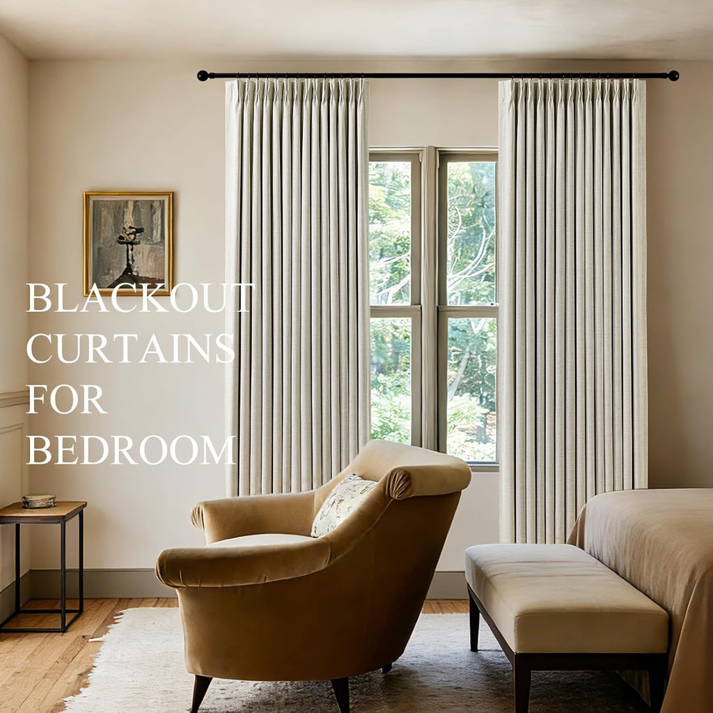 Pinch Pleated Curtains 100% Blackout Linen Curtains 95 Inches Long for Bedroom Living Room, Natural Memory Trained