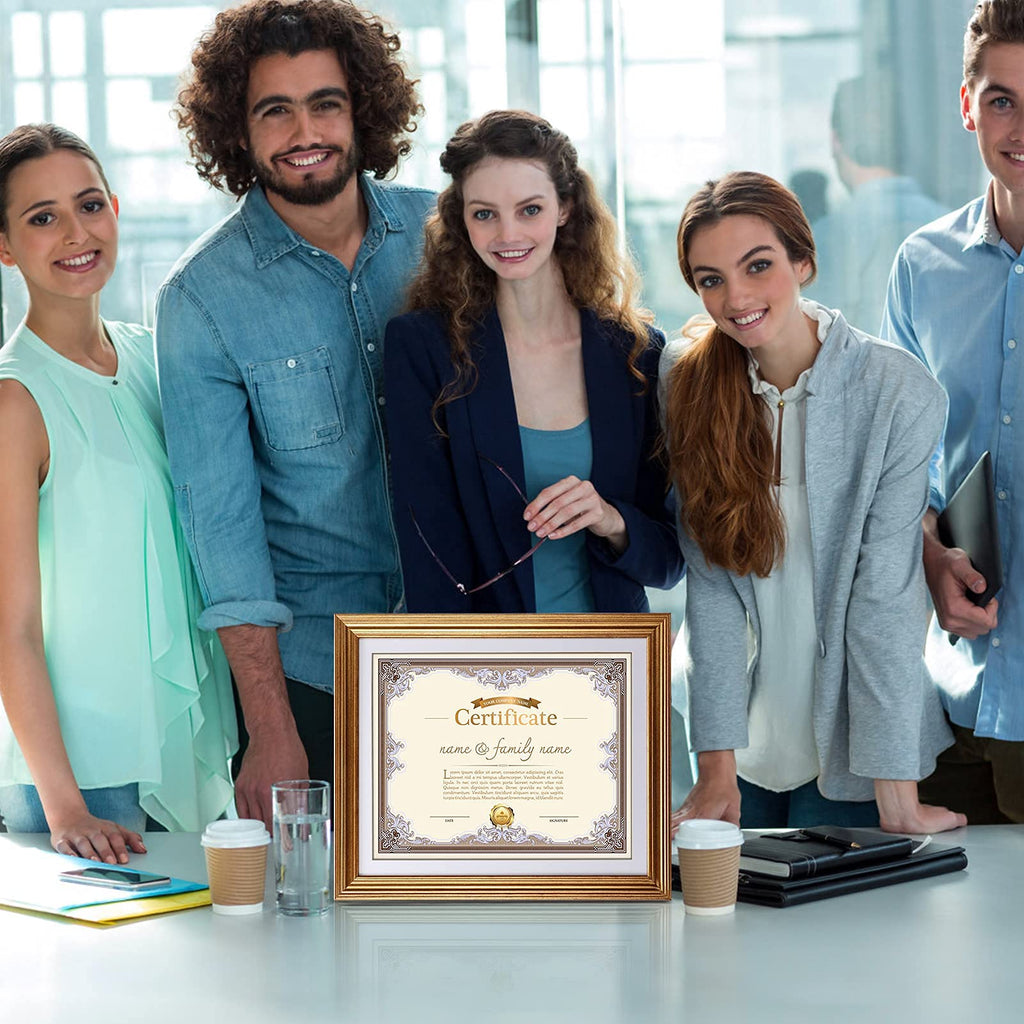 8.5 x 11 Picture Frames with Mat, Gold 8.5x11 Document Certificate Diploma Award Photo Frame Set for Wall or Tabletop