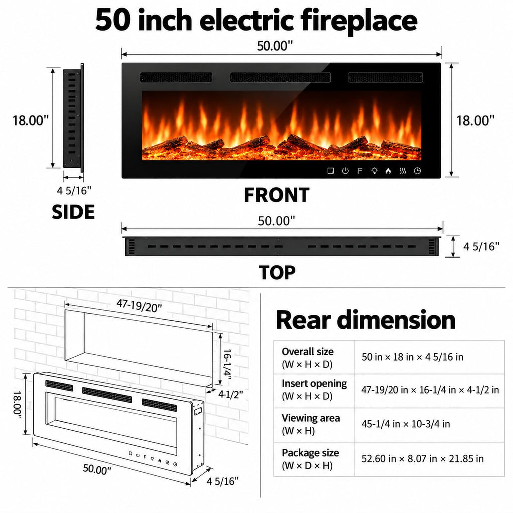 50 Inch Smart WiFi Electric Fireplace, Wall Mounted