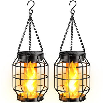 Solar Lanterns Outdoor Waterproof, Upgraded Flickering Flame Hanging Solar Lights Outdoor Decorative, Metal Outdoor