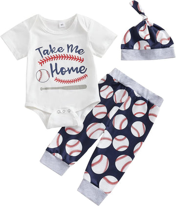 Newborn Baby Boy Baseball Outfit New Player in Town Romper Baseball Jogger Pants 3Pcs Coming Home Outfit