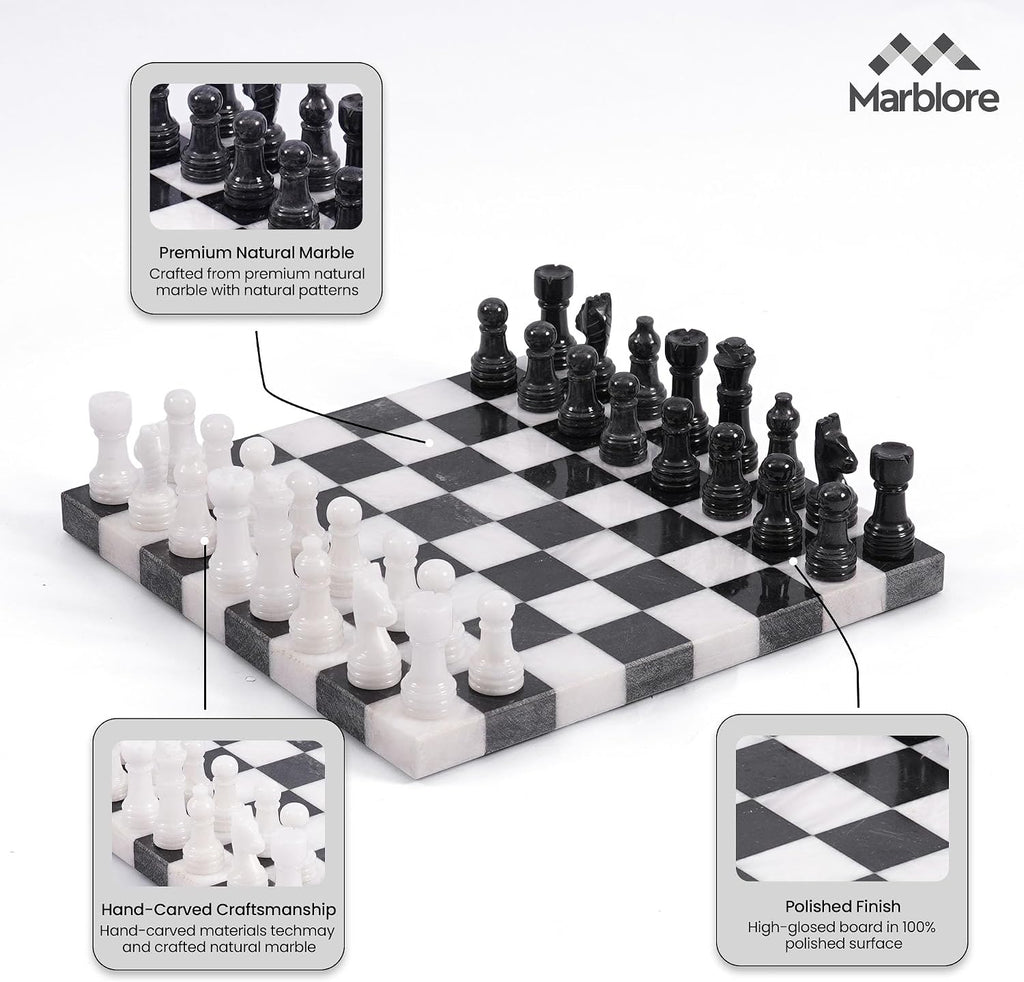 Marble Chess Set for Adults 10 Inch Handmade Black and White Board Game with 32 Chess Pieces 2 Extra Queens Luxury
