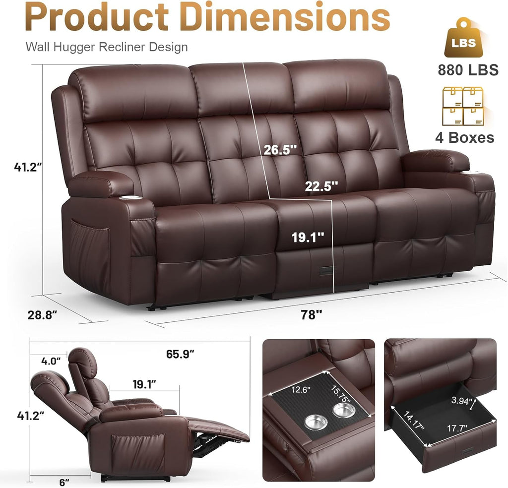 3-Seater Loveseat Recliner Sofa, Home Theater Seating Reclining Couch with Flip Middle Backrest