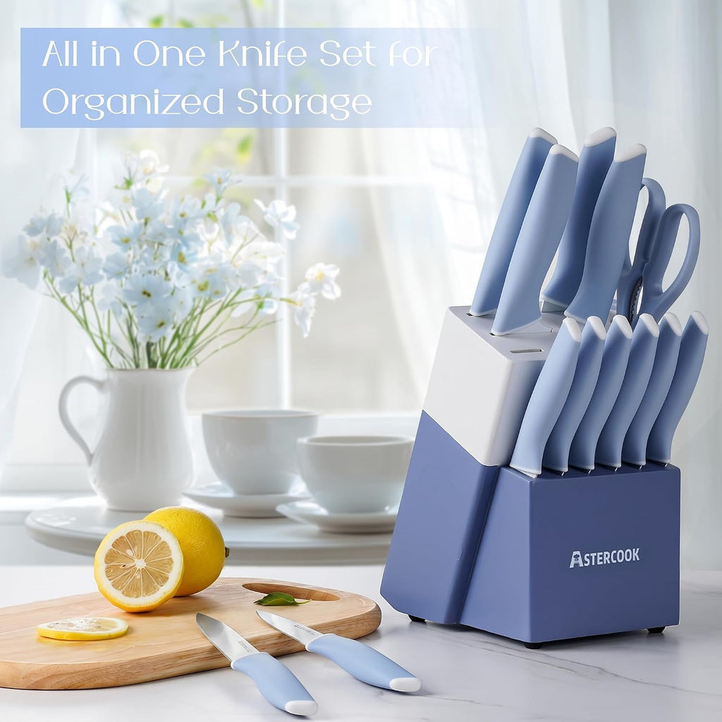 Kitchen Knife Set with Block and Sharpener 15 Piece German High Carbon Stainless Steel Knives Sharp Blade Dishwasher