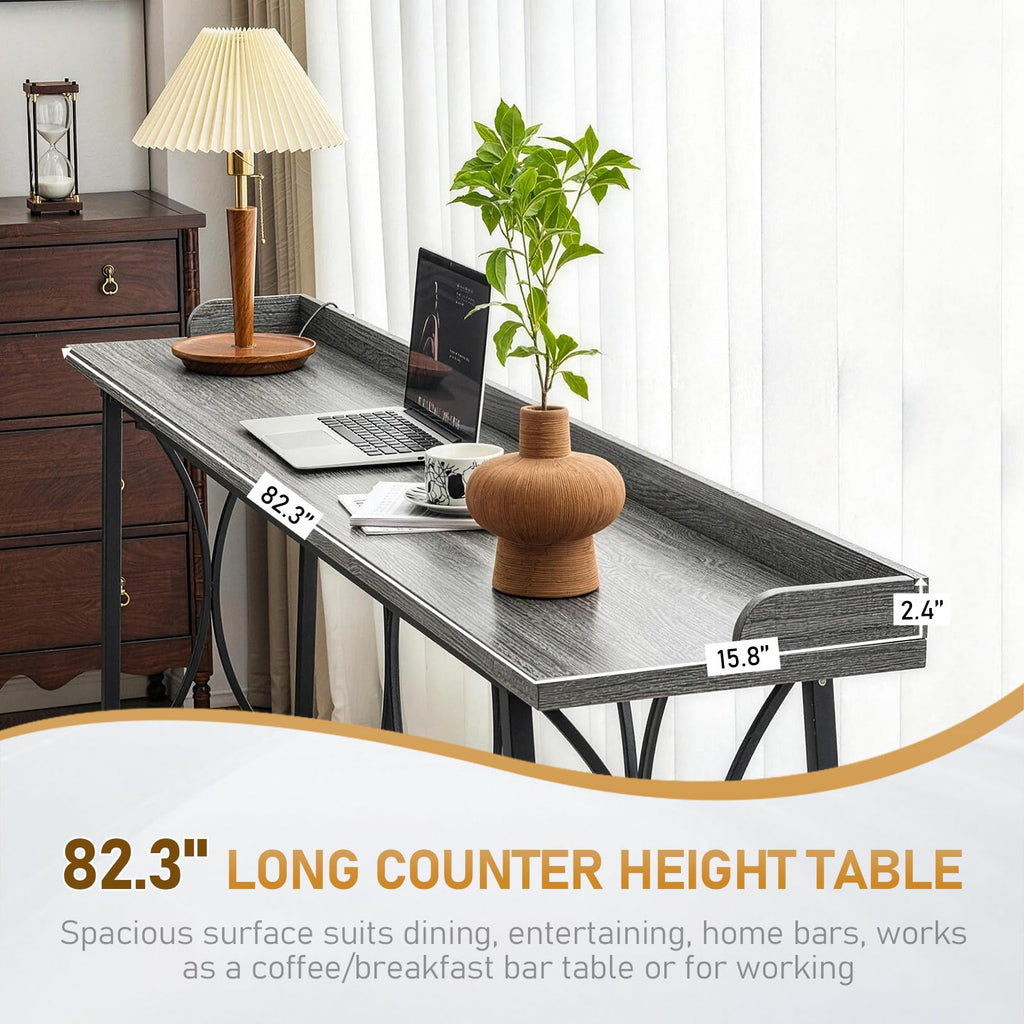 82.3" Bar Table, Counter Height Table with Back Rail, Wash Gray
