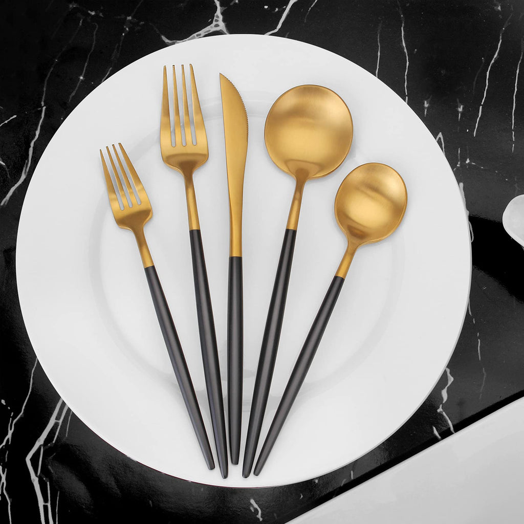 Matte Gold Silverware Set with black handle, 20 Piece Stainless Steel Cutlery Flatware Set, Kitchen Utensil Sets for