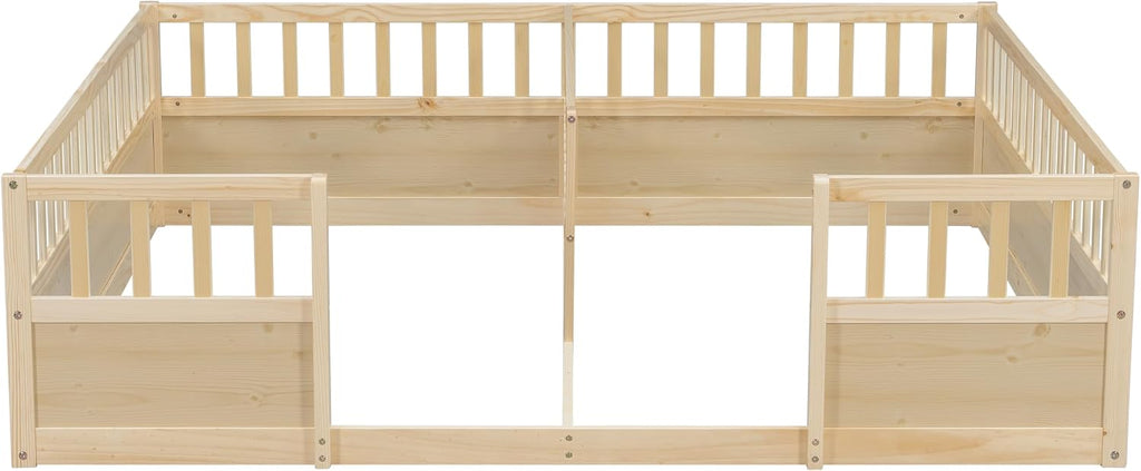 Double Bed with High Fence, Montessori Floor Bed for 2 Kids, Natural