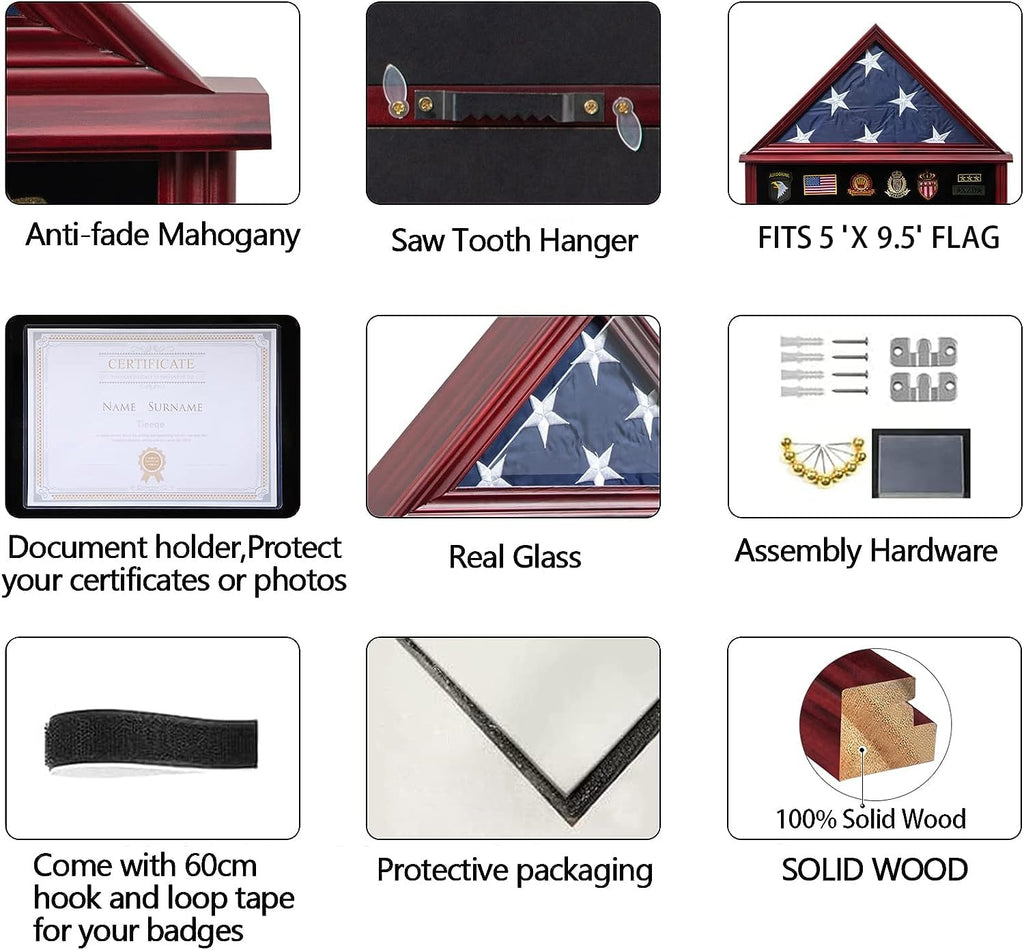 Large Military Shadow Box with Flag Display Case, Mahogany