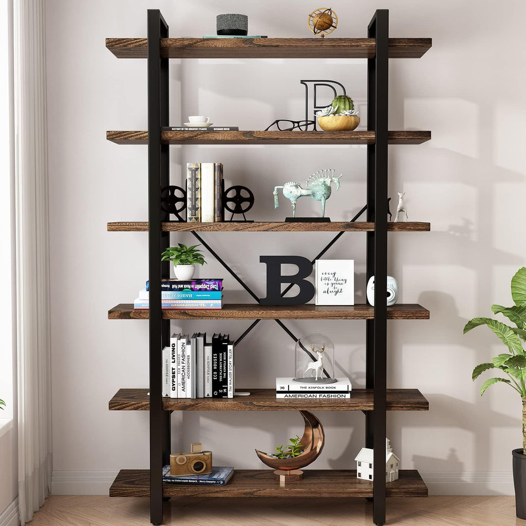 Solid Wood Bookcase and Book Shelves Wood and Metal Shelving Unit 6 Tier Bookshelf Modern Rustic Open Bookshelf