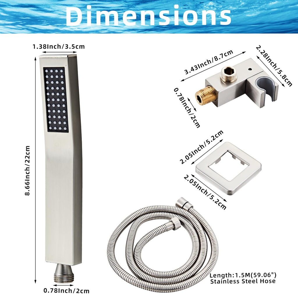Brushed Nickel Square Hand Shower Head, handheld shower head with hose, Brass High Pressure Rinse With Adjustable