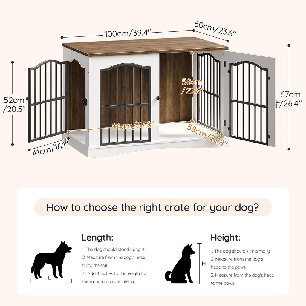 39.4" Wooden Dog Crate Furniture, Heavy Duty Dog Kennel Indoor with 3 Doors, Dog Cage for Medium/Large Dogs