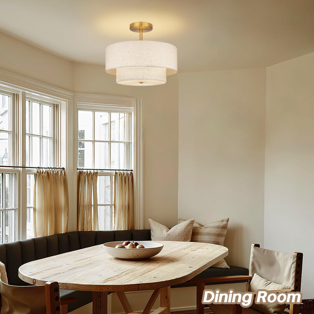 18 Inch Large Semi Flush Mount Ceiling Light Fixture with Dual Drum Design, Gold Farmhouse Fabric Linen Shade, and
