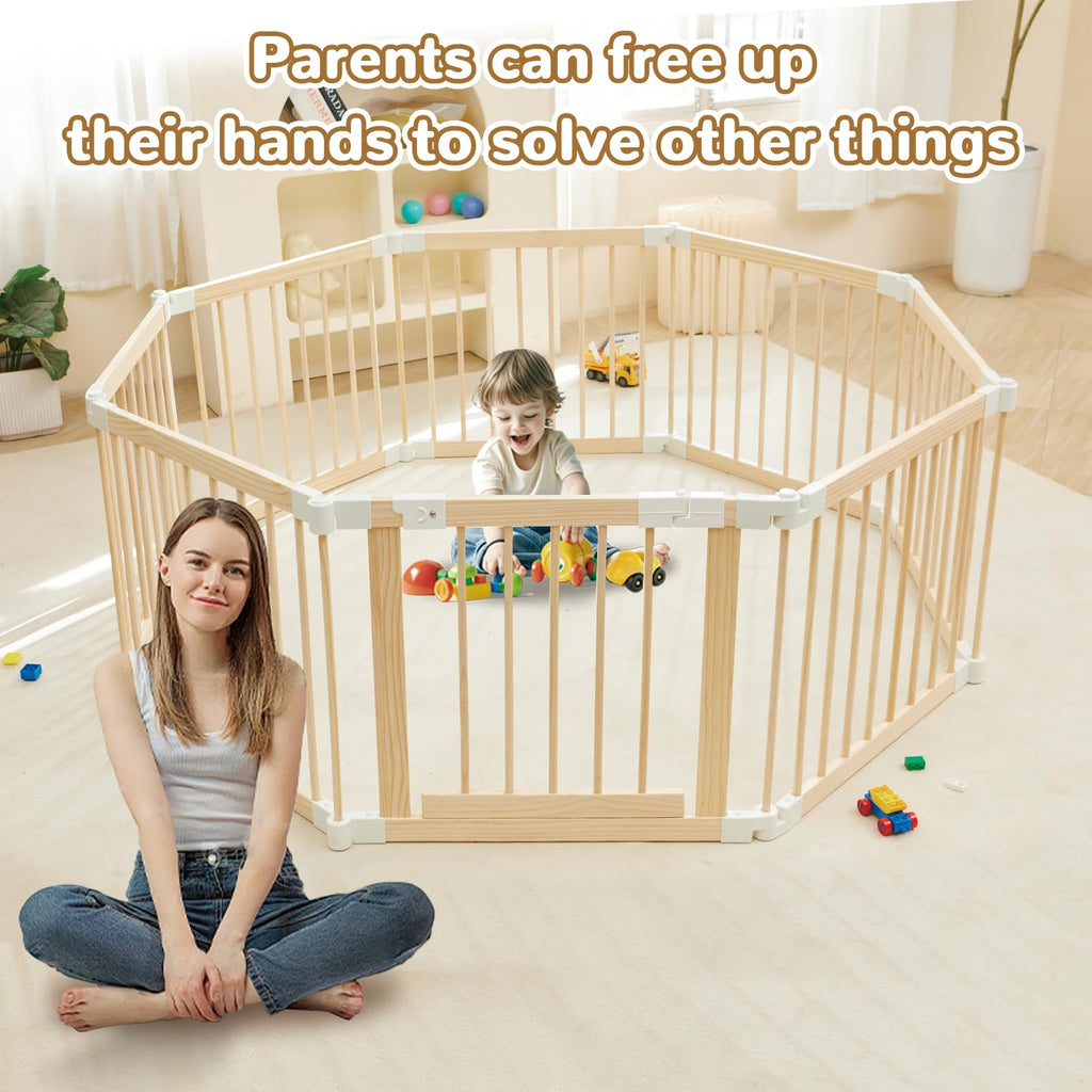 Baby Playpen, Foldable Wooden Play Yard with Gate and Child Proof Lock