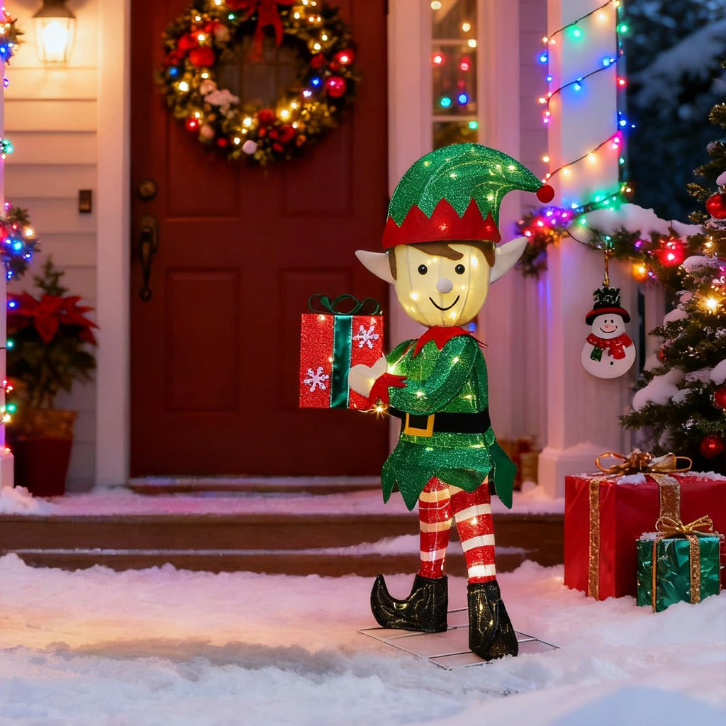 Lighted Christmas Outdoor Decor, 38" Height Pre-Lit 3D Tinsel Xmas Green Elf Figure, Light Up Xmas Yard Displays