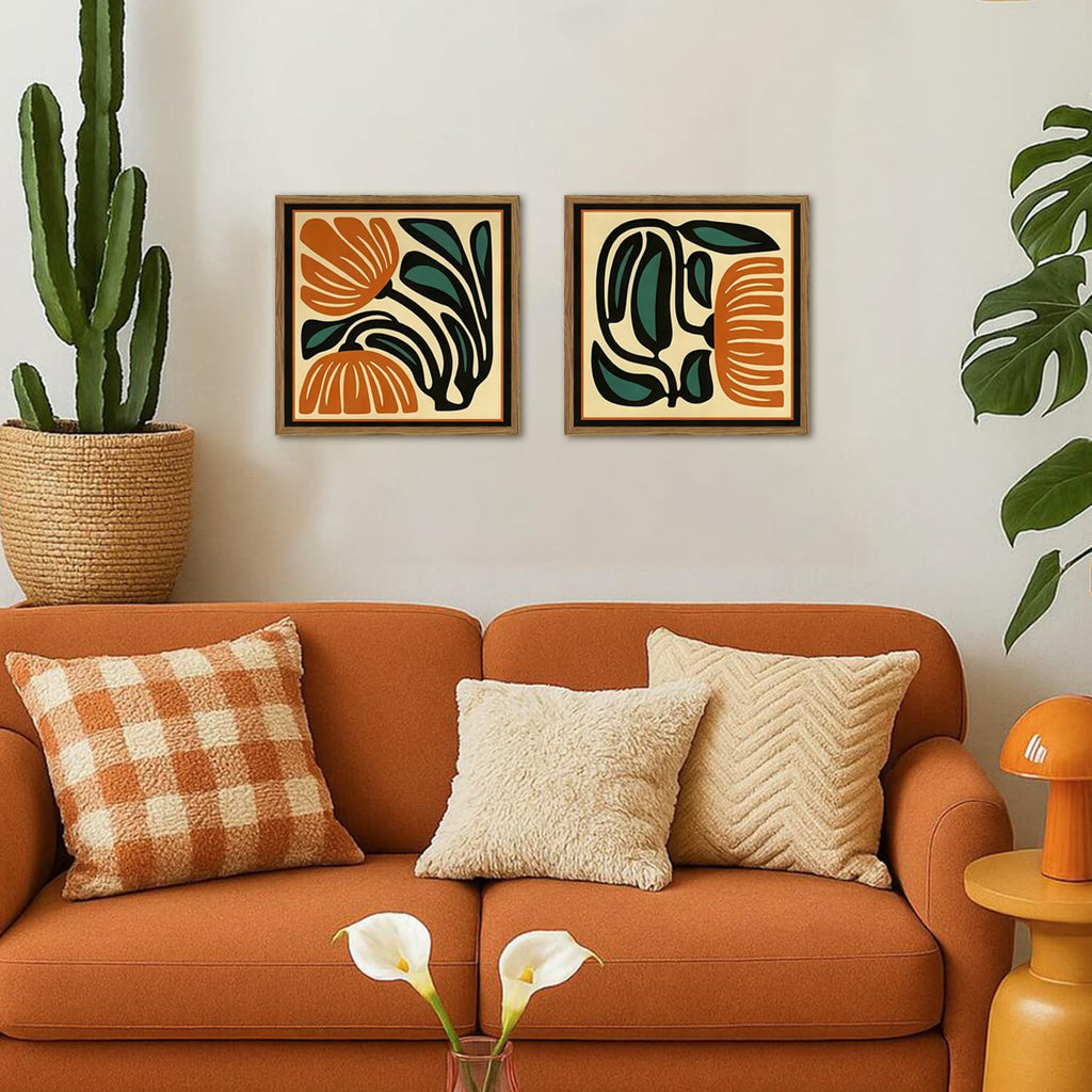 Mid Century Floral Wall Art Set of 2, Modern Square Abstract Botanical Wall Decor Picture, Vintage Boho Eclectic