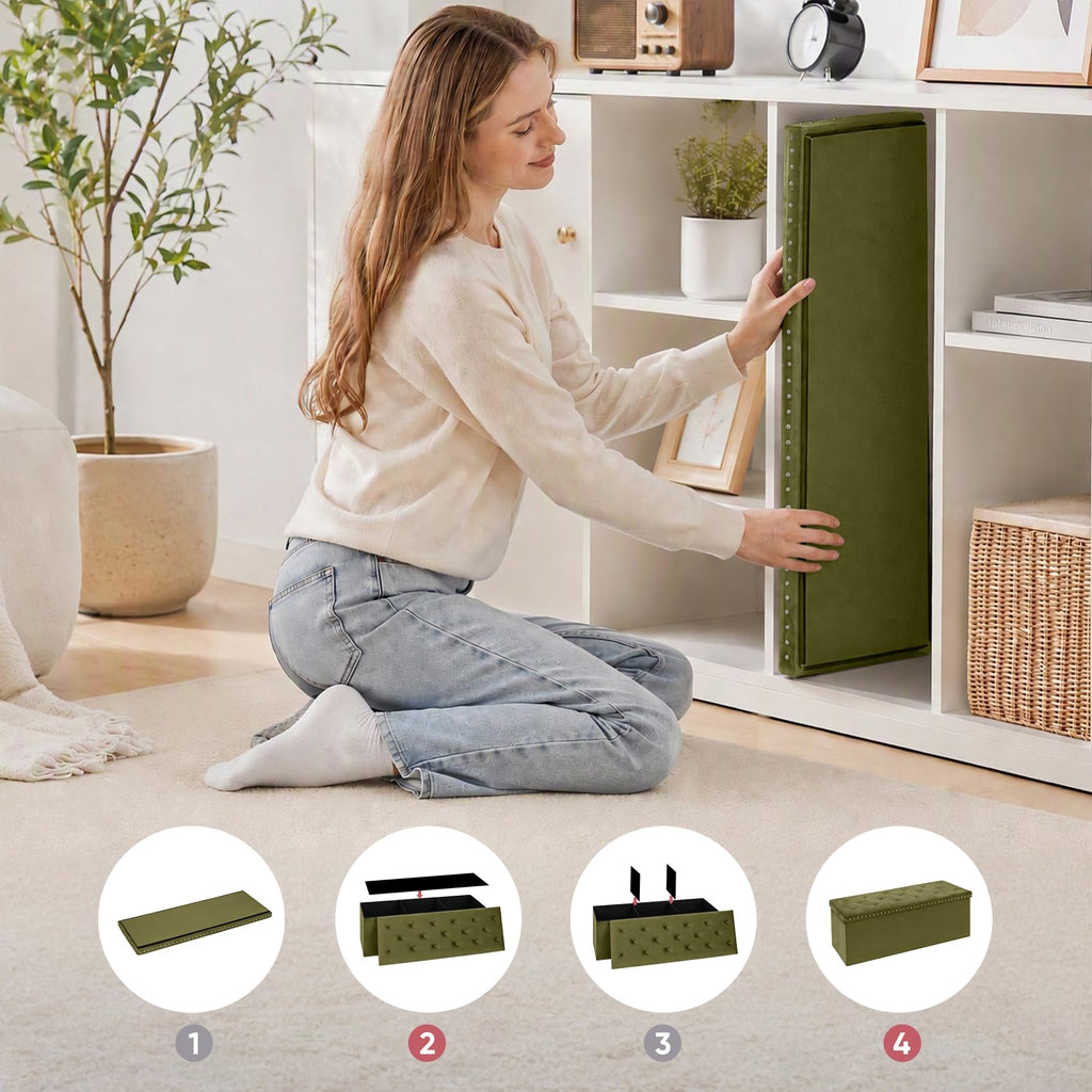 43.7 Inches Velvet Storage Ottoman Bench, Olive