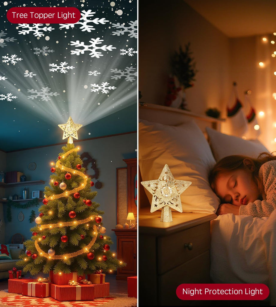 Christmas Tree Star Topper, Built-in Led 360° Rotating Snowflake Projector Pentagram Plug in Christmas Tree Ornament