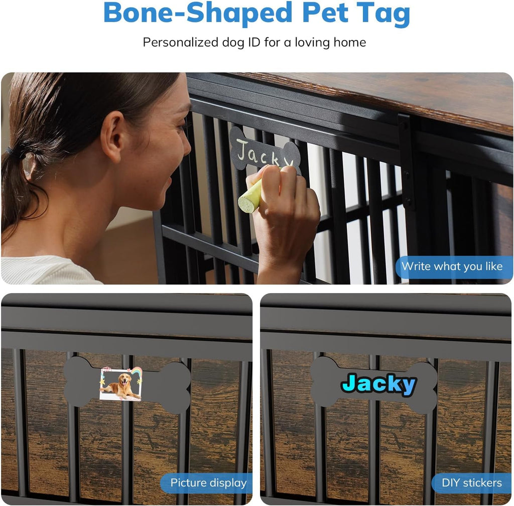 47" Dog Crate Furniture for Large/Medium Dogs, Heavy Duty Dog Kennel Indoor with Name Tag, Wooden Dog Cage