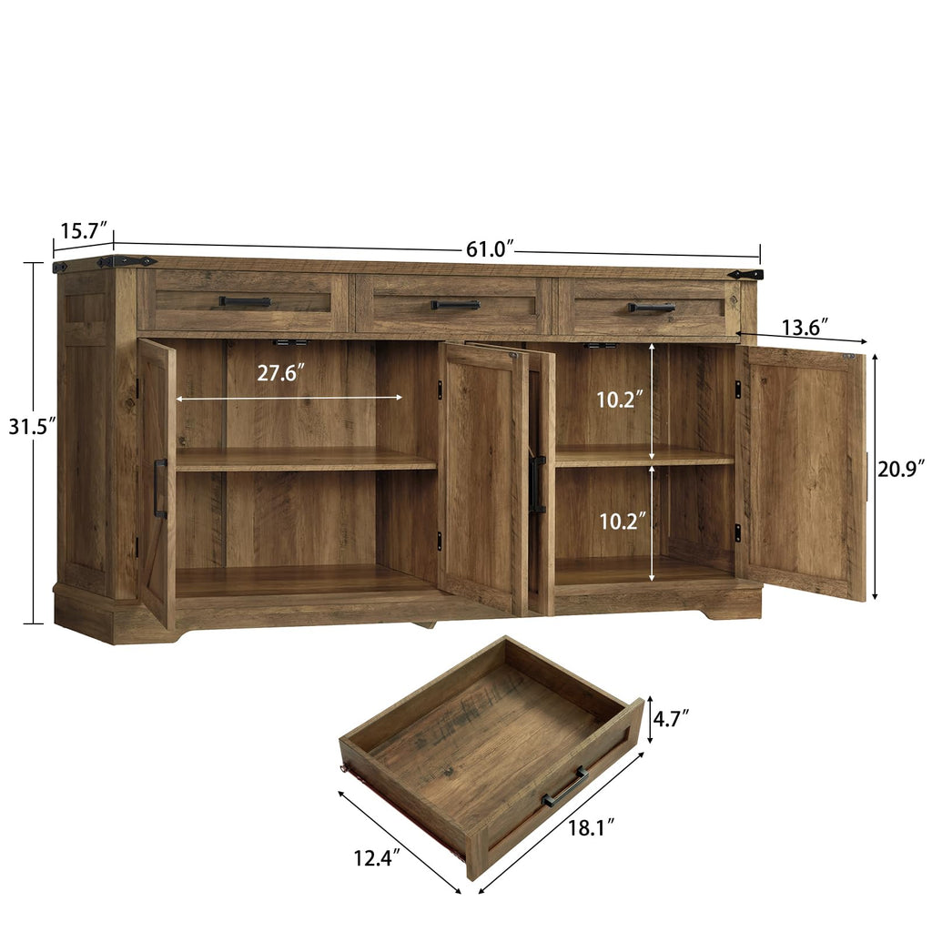 61" Large Buffet Cabinet with 4 Doors and 3 Drawers, Farmhouse Buffet Sideboard Cabinet with Storage, Coffee Bar Wine