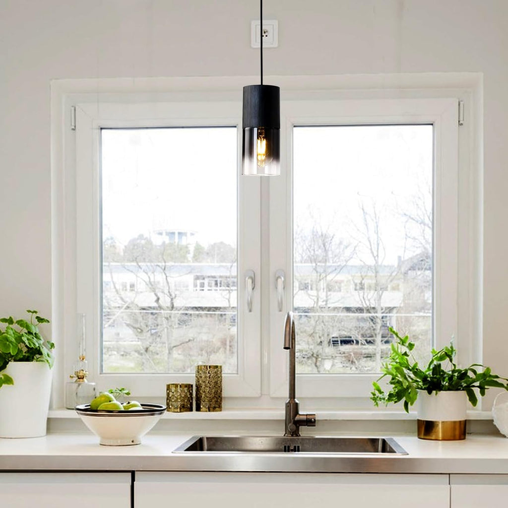 2-Pack Black Pendant Light Fixtures, Adjustable Modern Pendant Lights for Kitchen Island, Industrial Glass Pendant