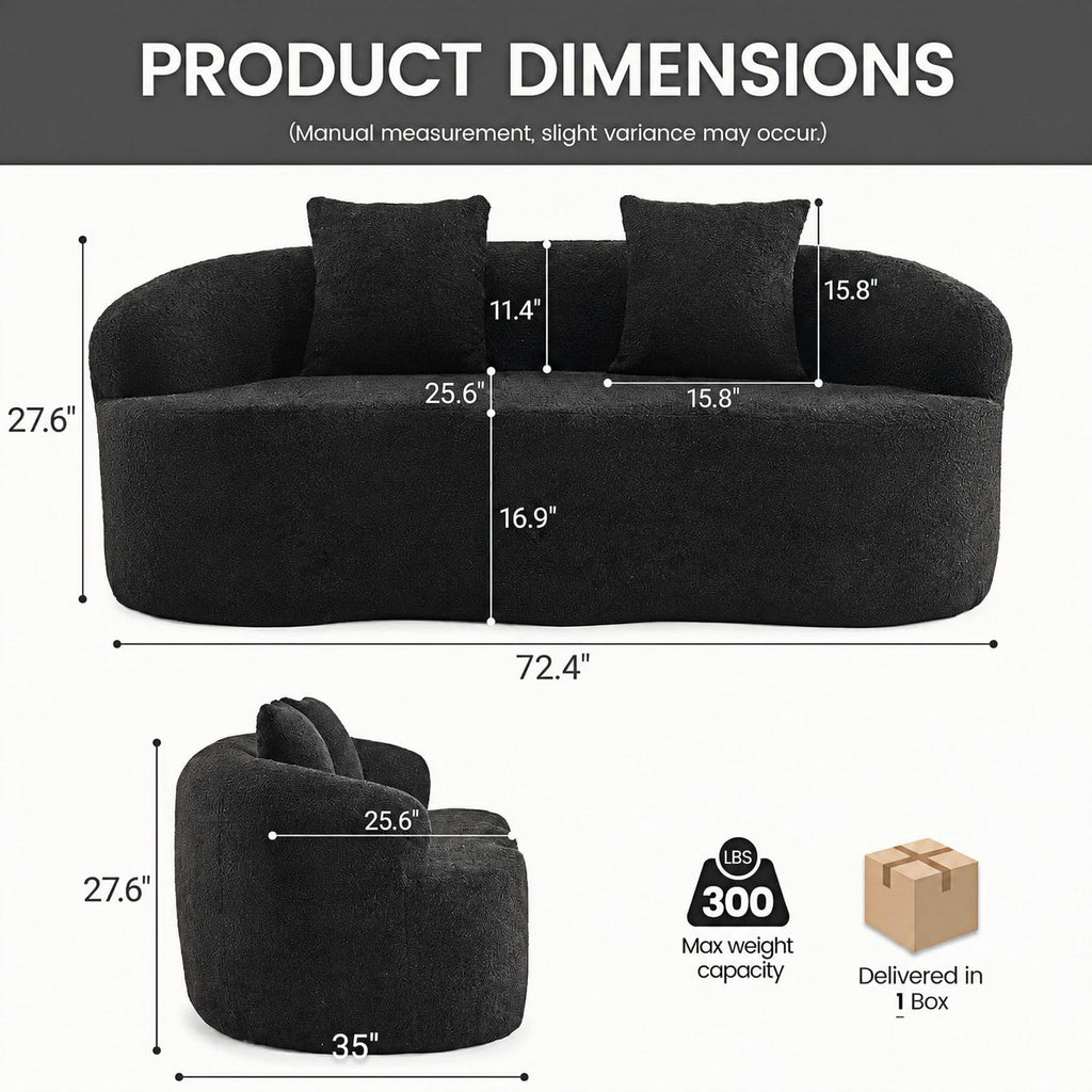 72" Curved Loveseat, Deep Seat Couch, No Assembly, Black