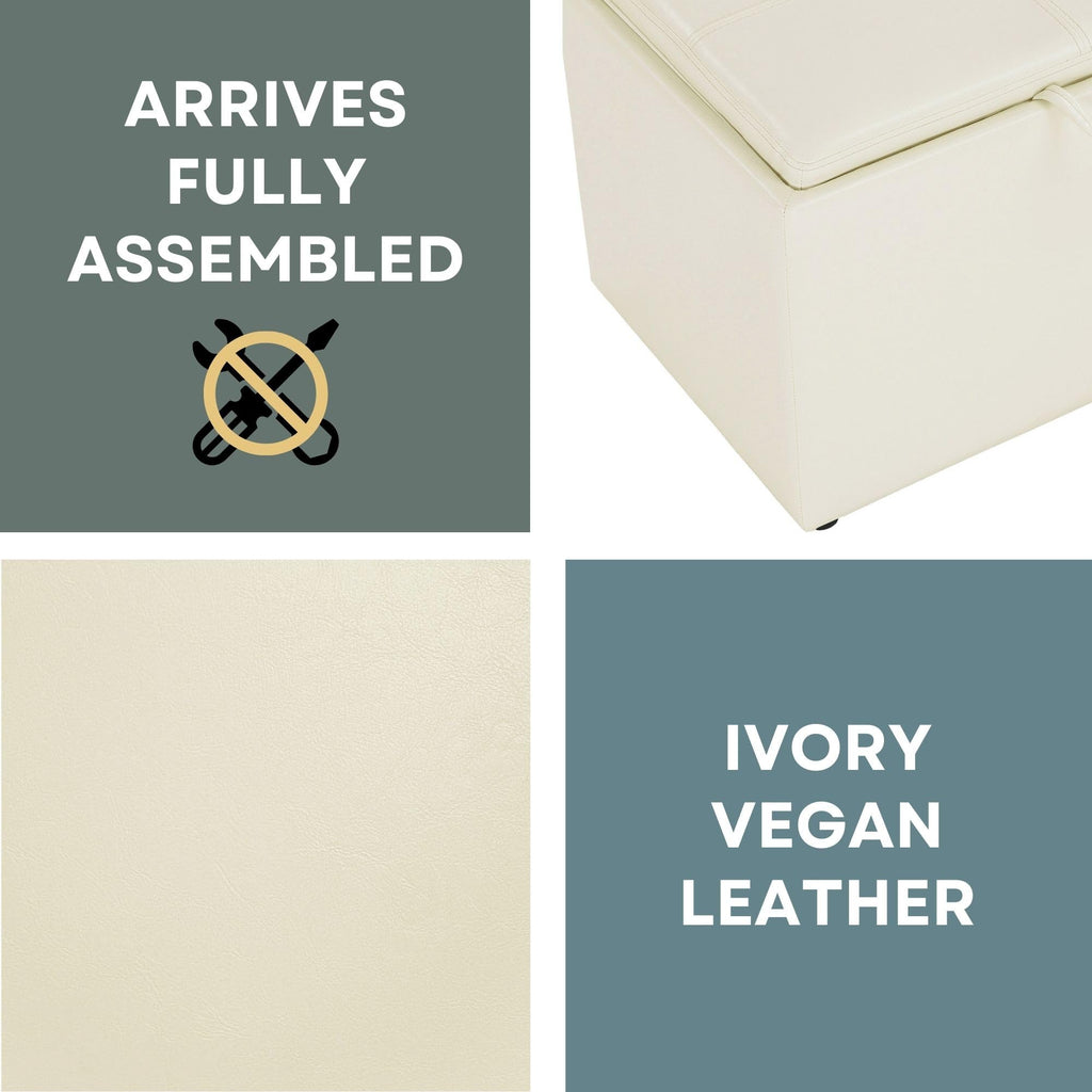Designs4Comfort Accent Storage Ottoman 22.75" - Modern Foot Stool with Decorative Tray, Ivory Faux Leather