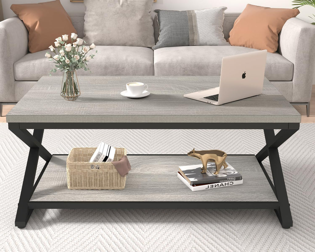 39" Rectangle Coffee Table with Storage, Grey Oak