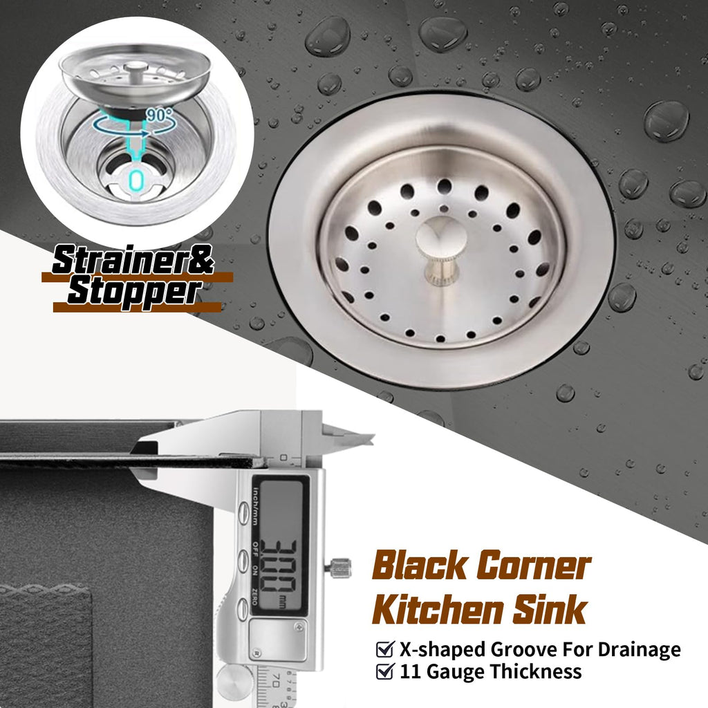 32.5Inch Black Corner Stainless Steel Kitchen Sink, Undermount, Double Bowl