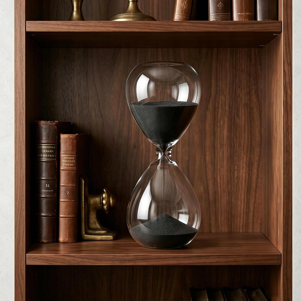 Hourglass, Black Sand Timer, 15 Minute Hand-Blown Glass
