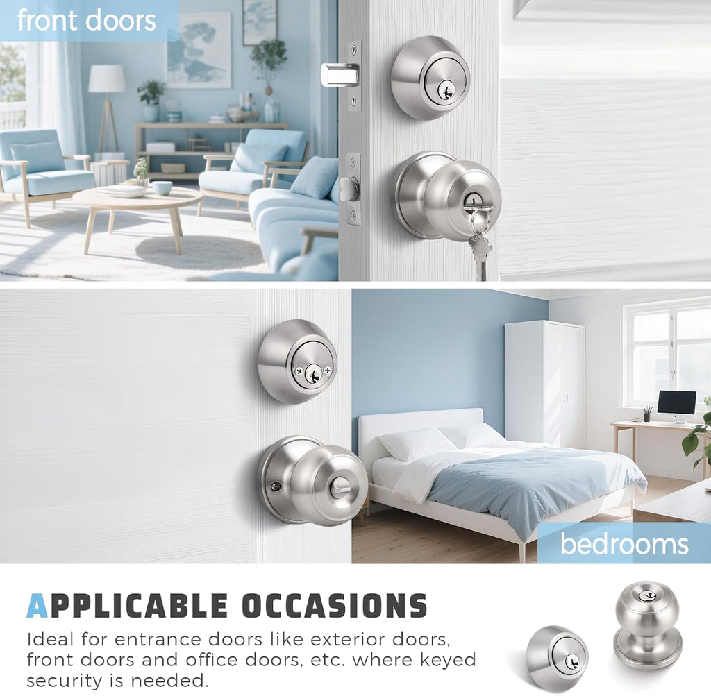 2 Pack Keyed Alike Door Knob and Double Cylinder Deadbolt Set, Exterior Door Lock Set, Double Keyed Door Knob, Satin