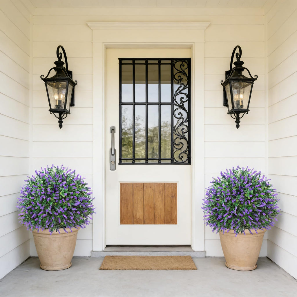 Artificial Lavender Topiary Ball Trees Outdoor, 2 Pack UV Resistant 24" Fake Plants with Grund Spike, Faux Shrubs