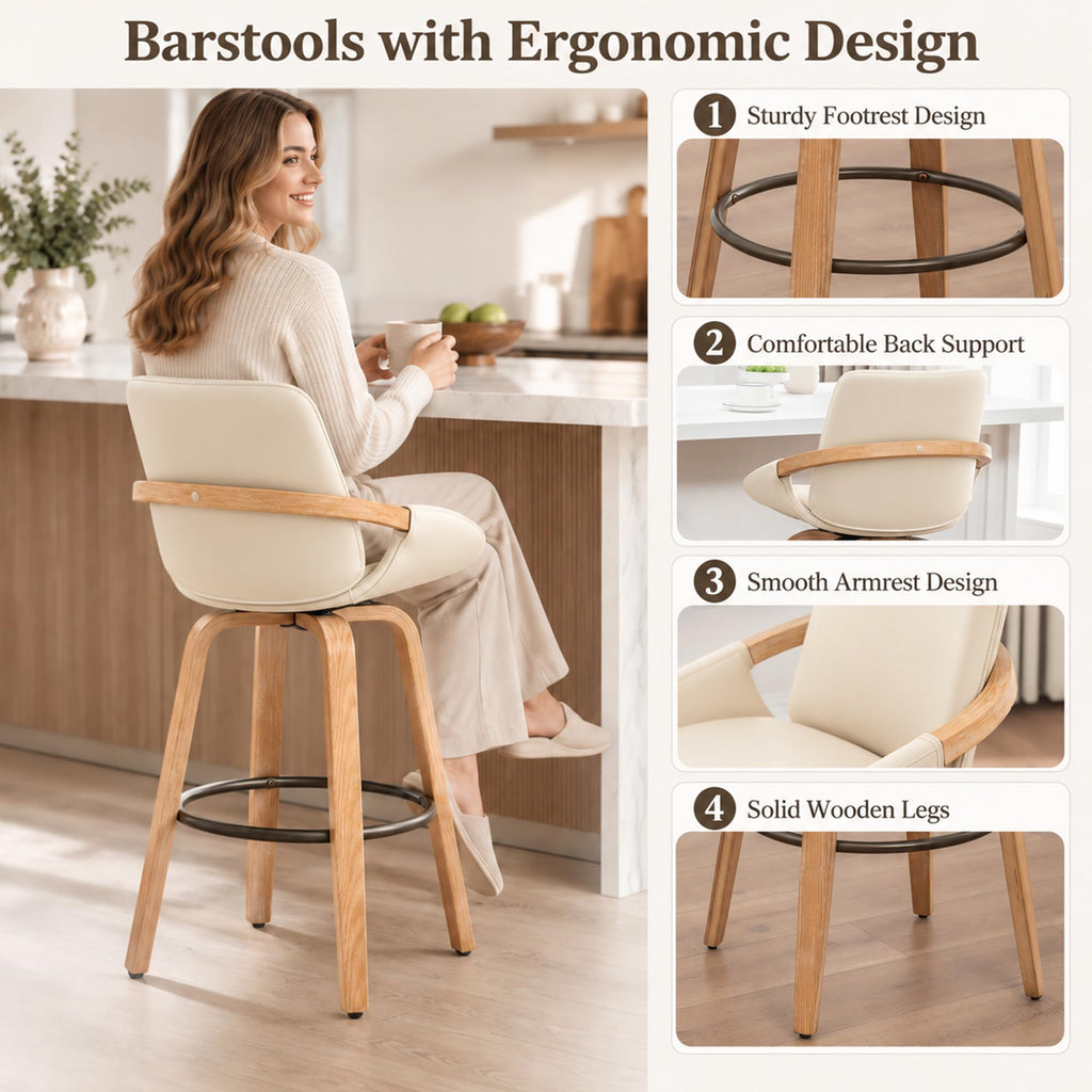 25.2" Swivel Bar Stool with Back Cream White Leather Kitchen Barstool Chair