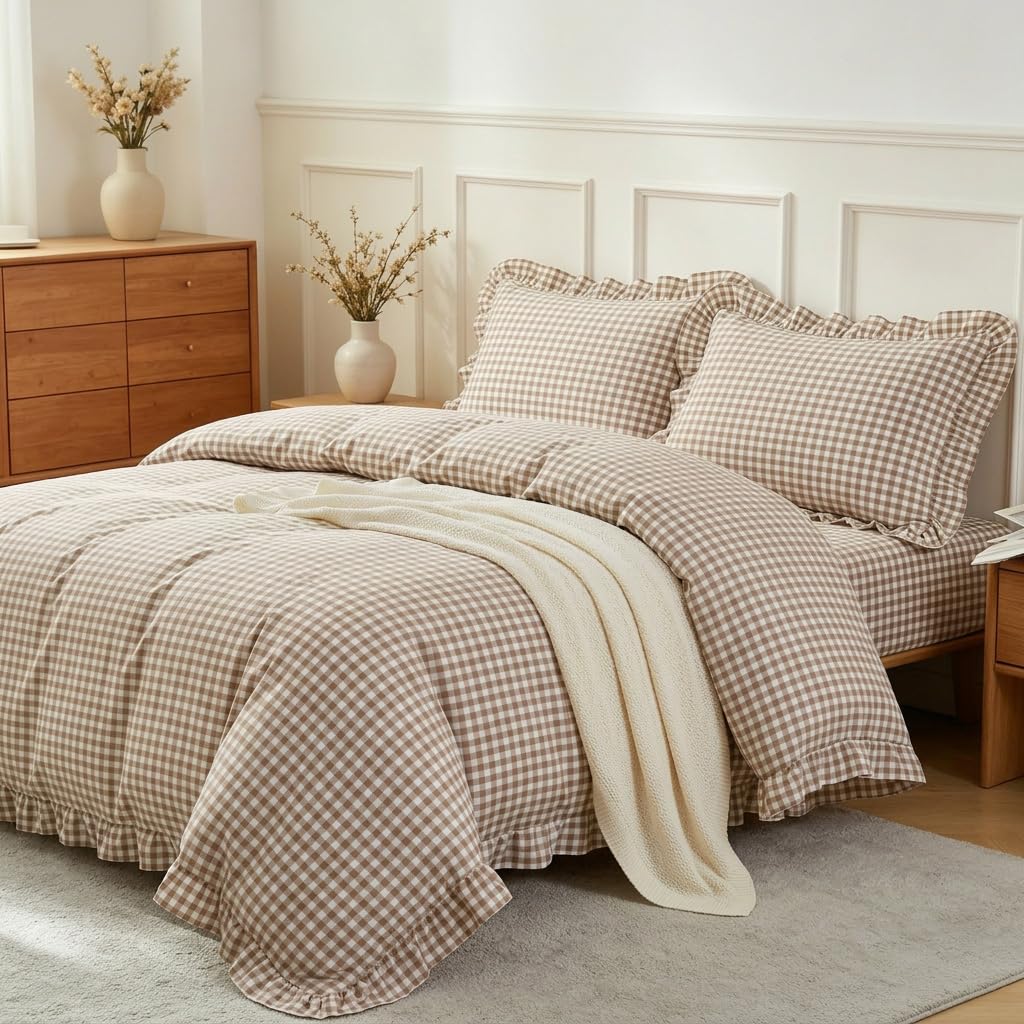 Gingham Duvet Cover Set Queen Tan Brown Ruffle Bedding Set