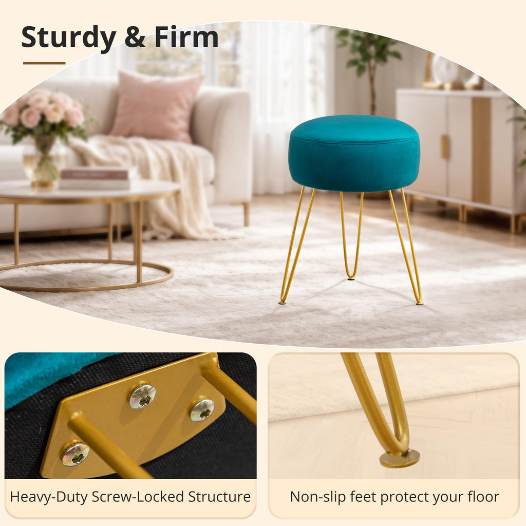 Vanity Stool, Teal Vanity Stools for Makeup Room, Round Ottoman Foot Stool, Velvet Footrest Vanity Chair Vanity