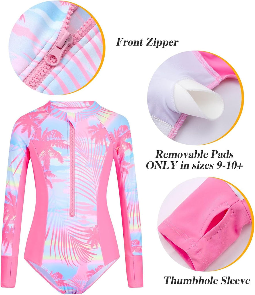 Girls Rash Guard Swimsuit 2 Piece Long Sleeve One Piece Bathing Suits with Swim Shorts Kids UPF 50+ Swimwear Sets