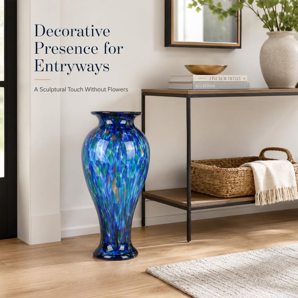 20" Tall Teal Blue Glass Vase Hand Blown Large Floor Glass Vase Home Decor, Pretty Modern Teal Blue Flowers Vases