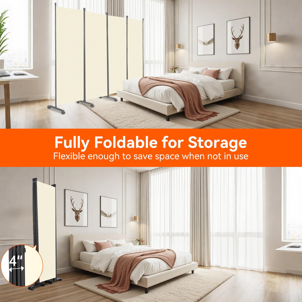 88" W 4 Panel Room Divider, Portable Privacy Screen W/Wheels Freestanding
