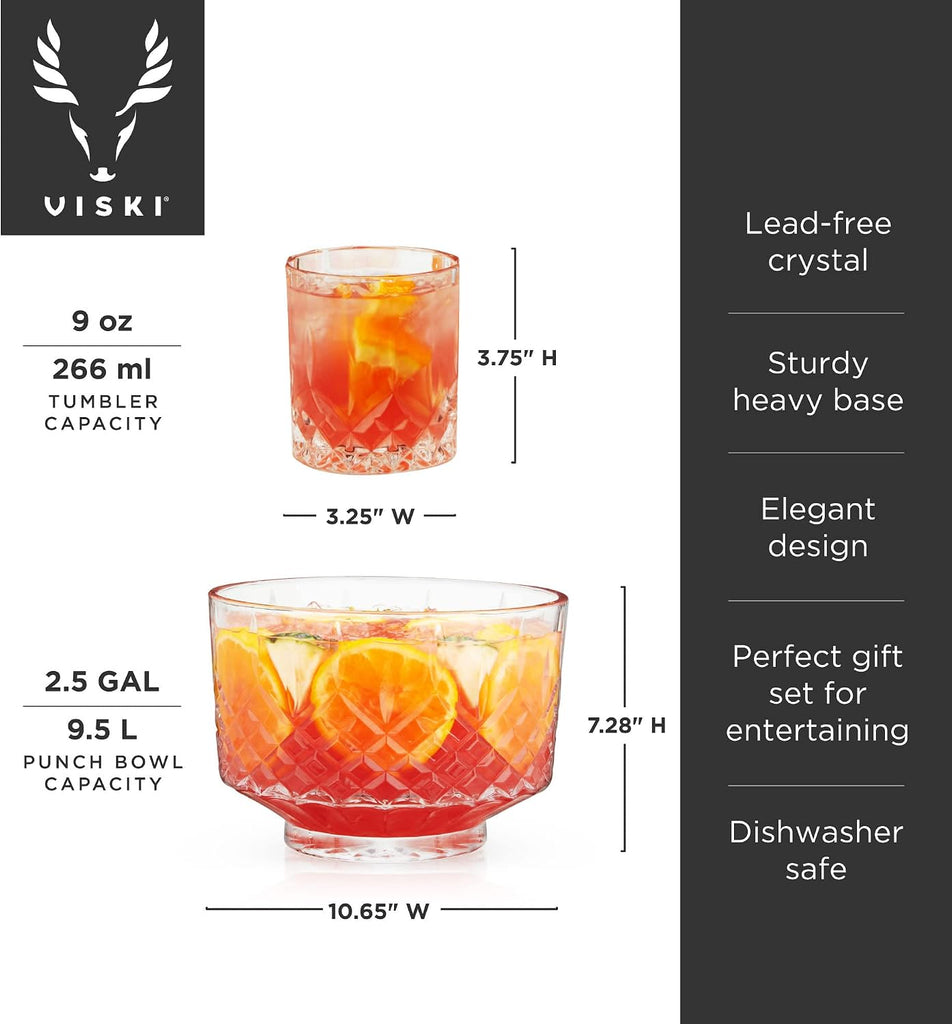 Admiral Punch Bowl Set with 8 Tumblers, Cut Crystal Cocktail Party Serveware, Dishwasher Safe, 2.5 Gallons, 9 Oz