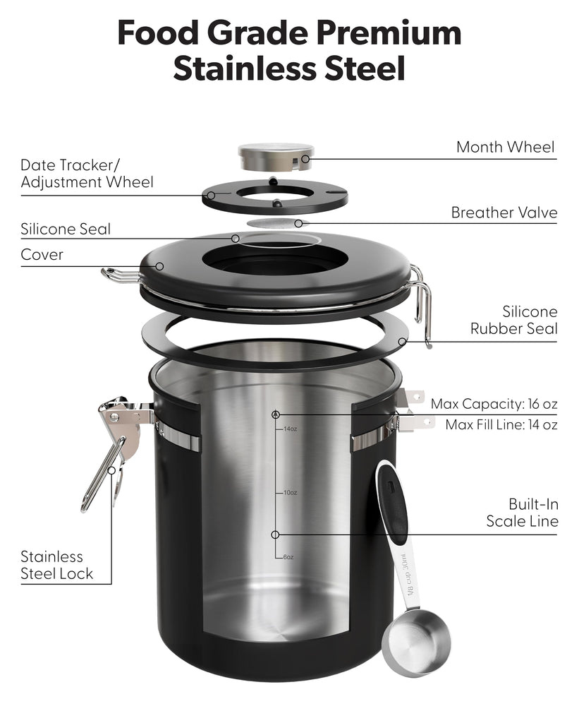 Coffee Canister with Window,Airtight Stainless Steel Compact Jar,16OZ