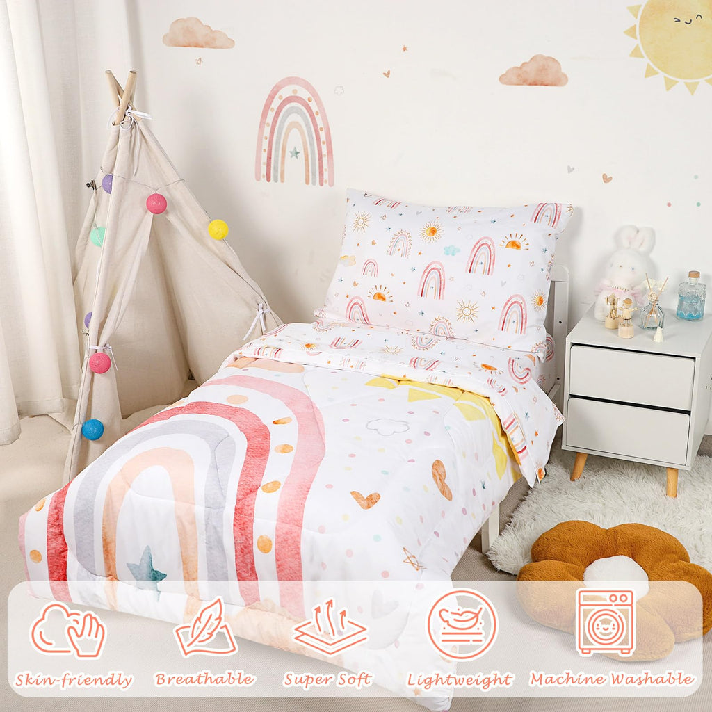 Toddler Bedding Set for Girls 4 Piece Pink Rainbow Toddler Girl Bedding Set Super Soft & Lightweight Toddler