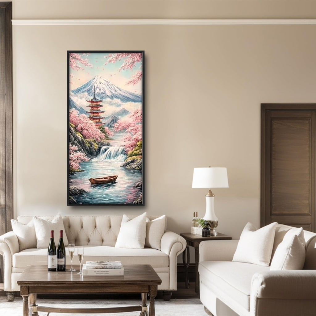 Japan Japanese Wall Art Cherry Blossoms Mount Fuji Wall Decor Waterfall boat Canvas Painting Pictures Prints Framed
