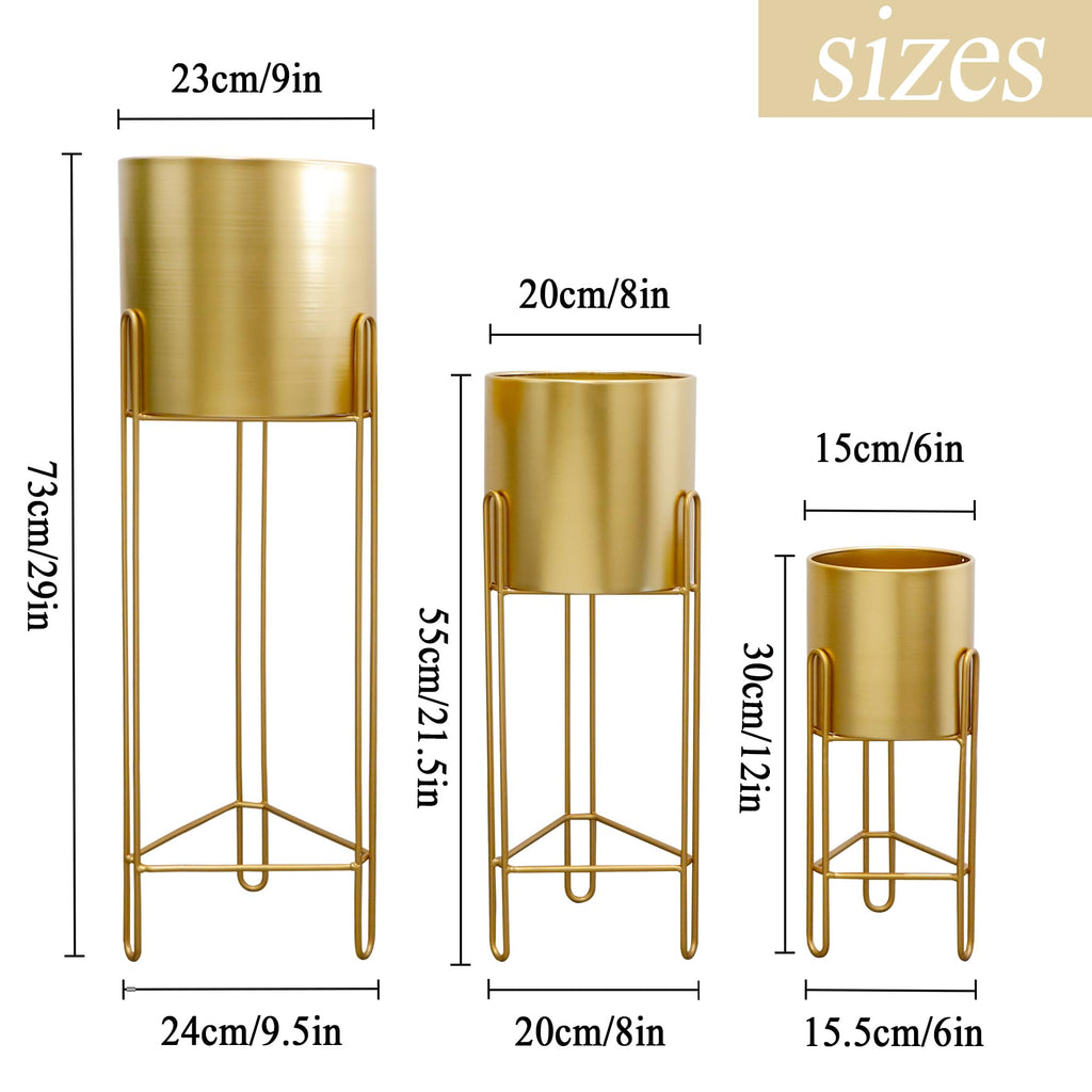 Set of 3 Large Planters with Stand Gold Planter for Indoor Plants 29 &22 &12" Tall Morden Metal Plant Pots Corner