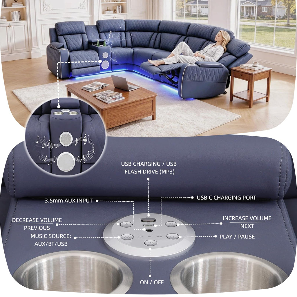 Leather Power Reclining Sectional Sofa with Speakers & USB Charging Ports