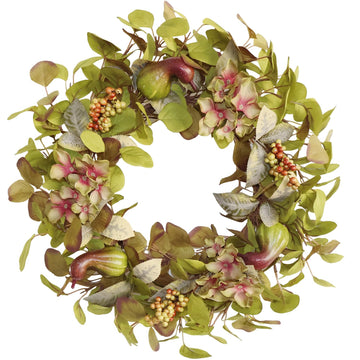18 Inch Hydrangea Fall Wreath with 3 Pumpkins and 3 Berry Clusters