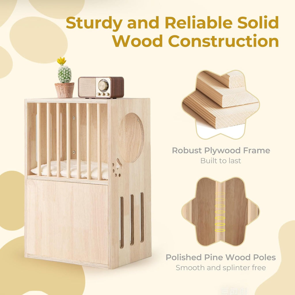 2-Tier Luxury Wood Cat House, Wooden Kitten Cage Condo with 2 Washable Plush Cushions, 2 Access Holes, Indoor Pet