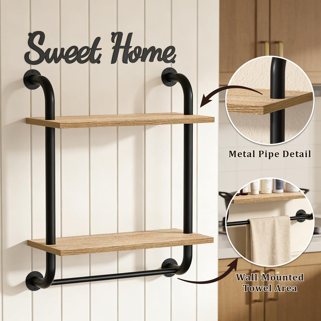 Bathroom Shelves Wall Mounted, Rustic Farmhouse Pipe Shelves, 2-Tier, Industrial Shelving Over Toilet, Floating Shelf