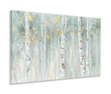 Birch Tree Canvas Wall Art with Gold Foil - Abstract Forest Paintings with Textured - Green Landscape Pictures
