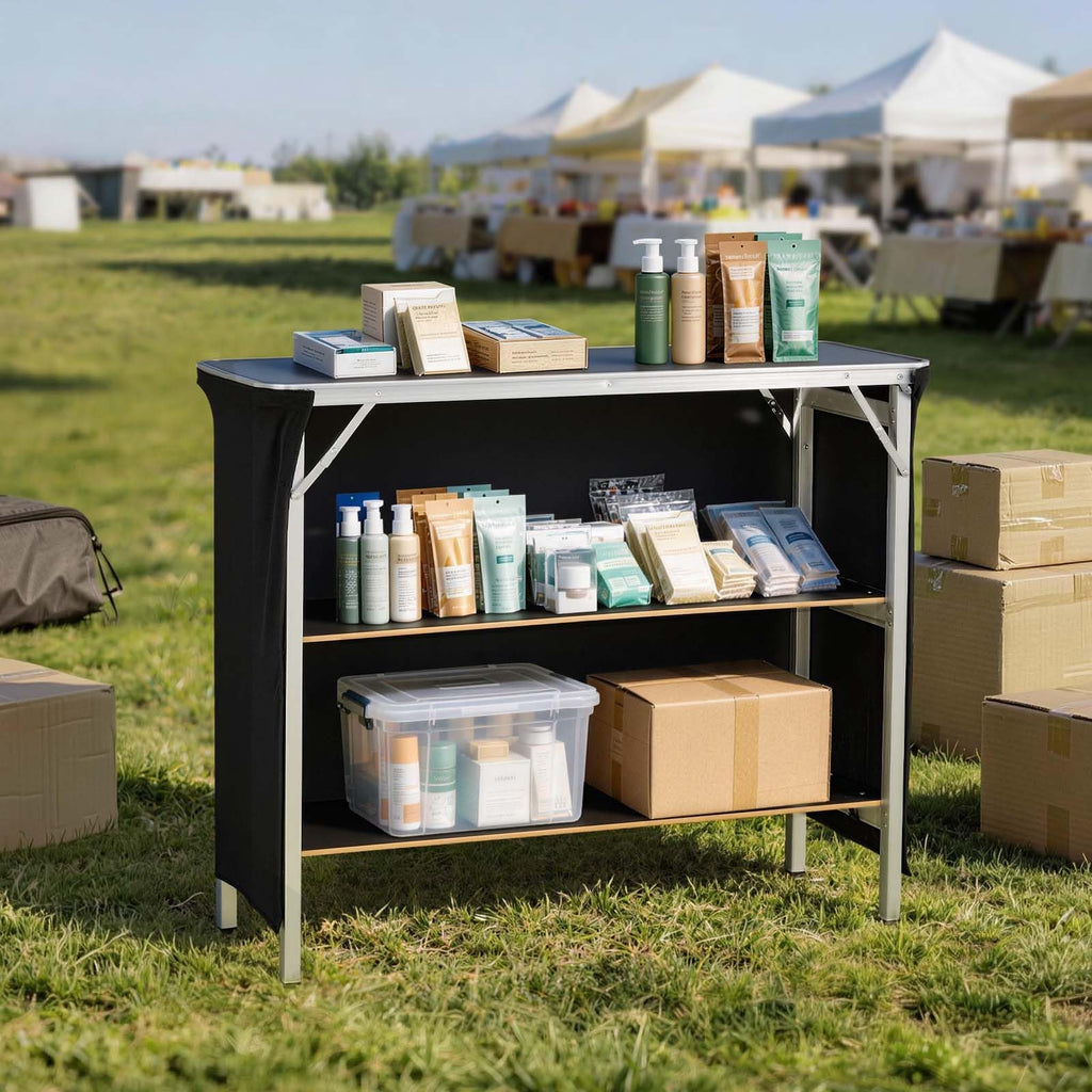 Folding Portable Bar Table, 43.3 x 15.2 x 34.8 in, with Carry Bag, 2 Storage Shelves, and Detachable Skirt, Quick and