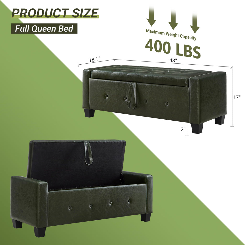 48" Faux Leather Ottoman with Storage, Green